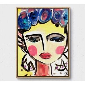 WS original blue flower girl painting 14X11 canvas abstract modern wall art